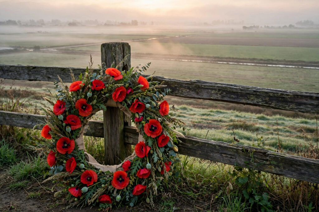 A red poppy wreath against a wooden fence in a Delta farmland field at sunrise, mist over flat fields, no people