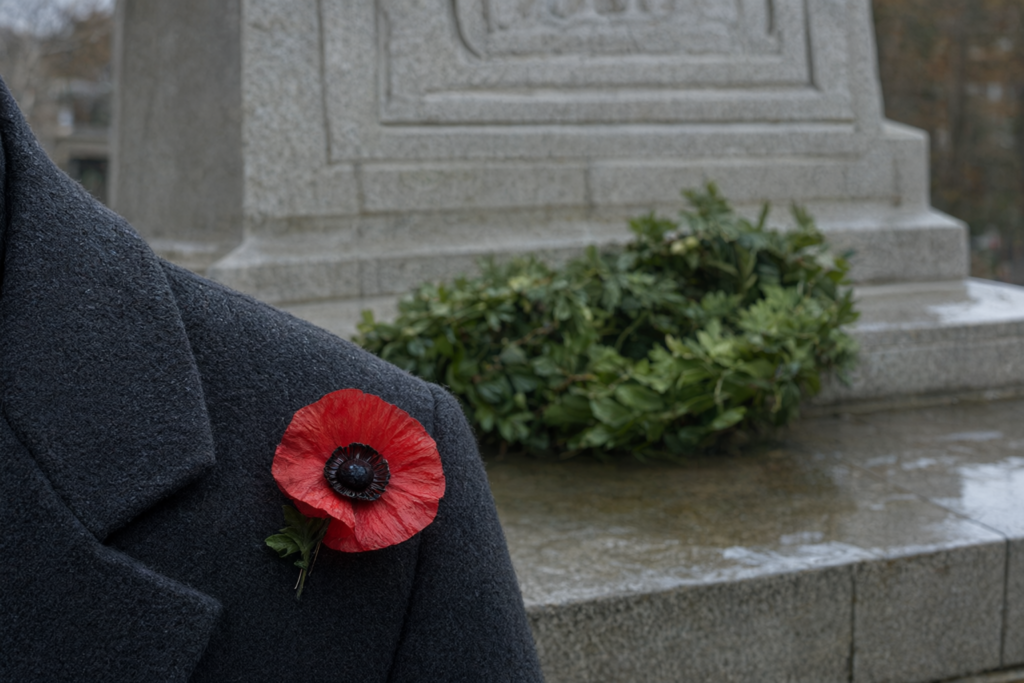 A red remembrance poppy in sharp focus with a blurred park cenotaph behind it