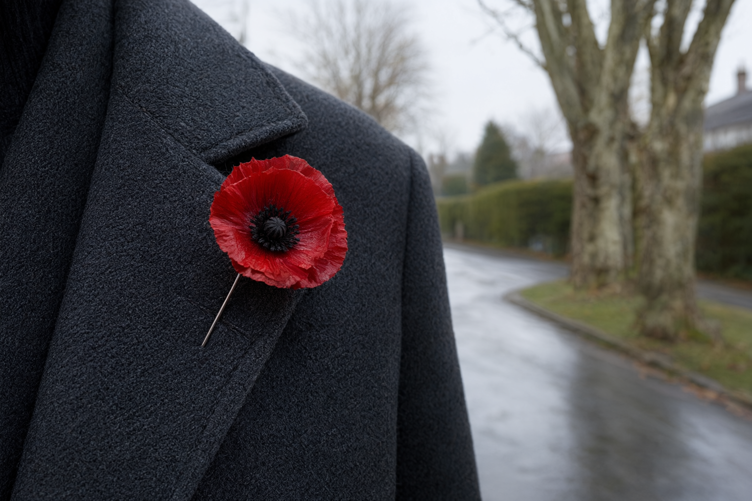 A rain-washed street leading toward a downtown cenotaph